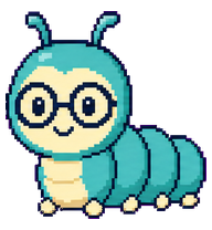 Nibbles, a teal caterpillar with round glasses.