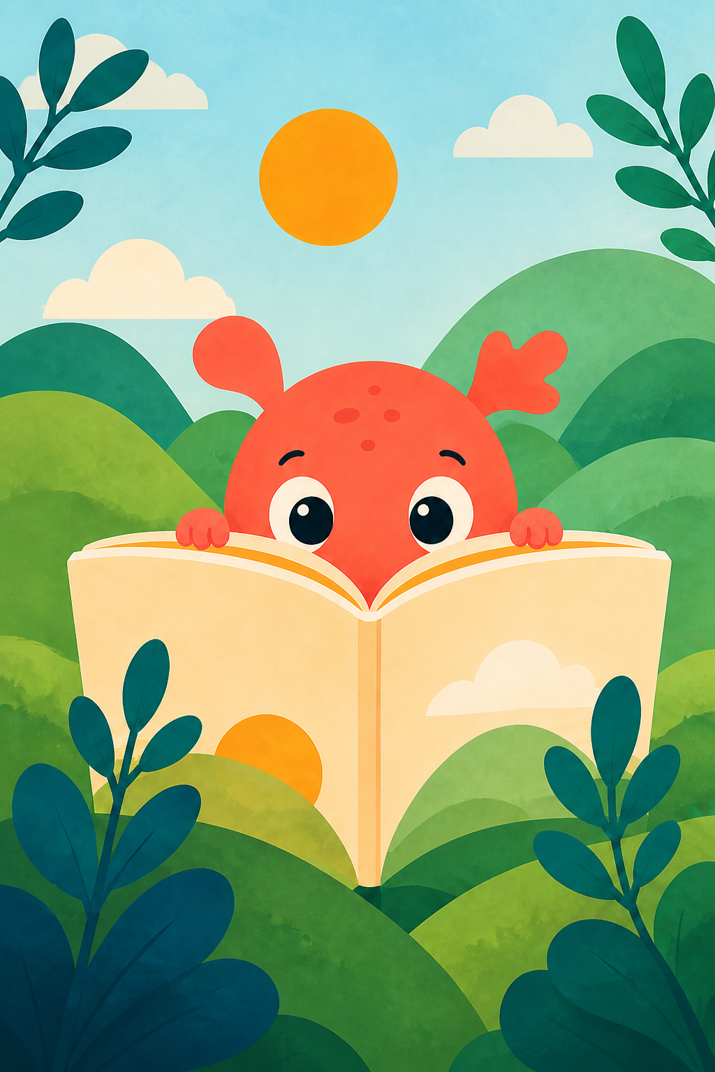 A cheerful coral-coloured Pagekin peeks over an open book in a sunny paper-cut garden.
